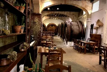 Interior del Celler Can Font con barricas de vino